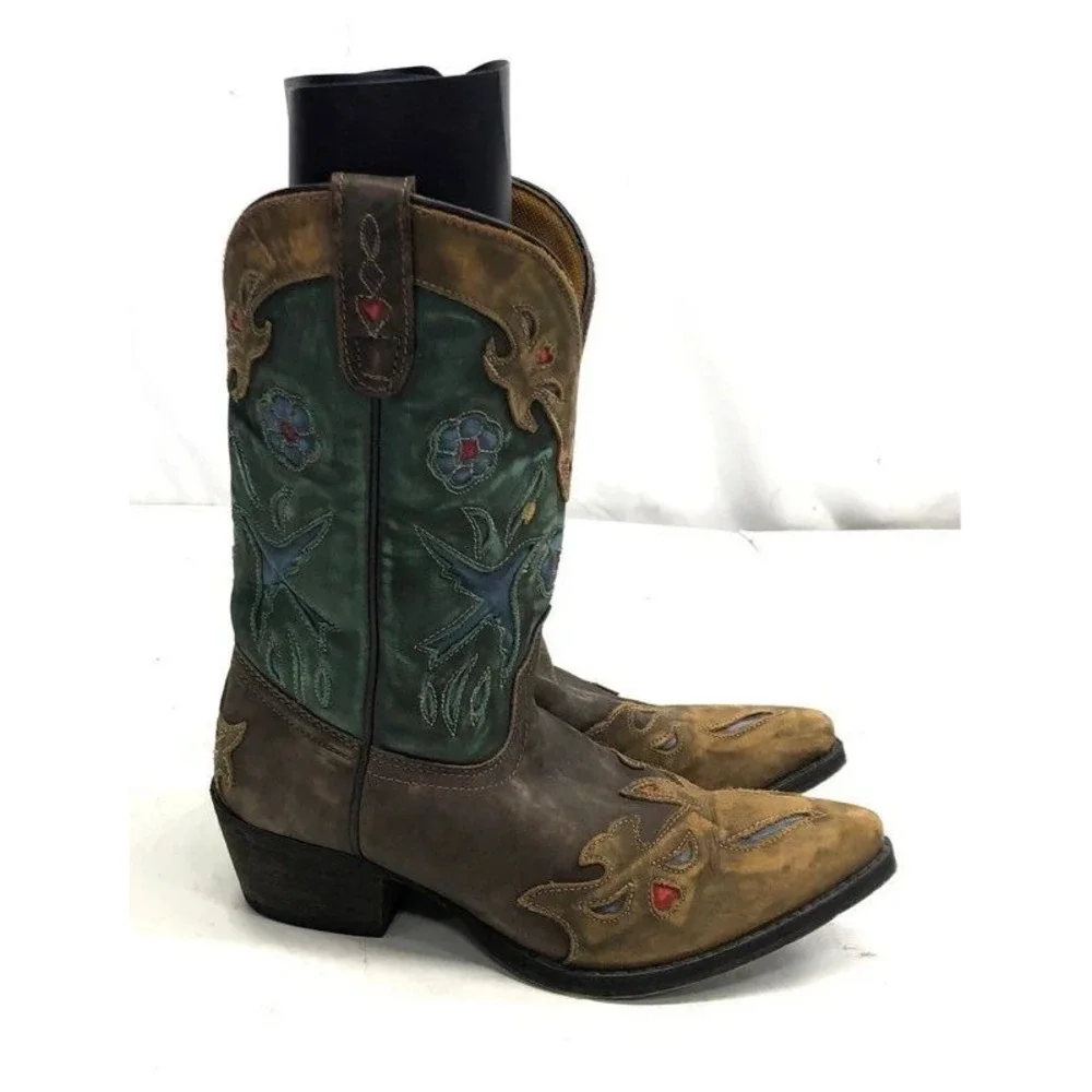 Dan Post Liberty Bird Brown Green Distressed Embroiderd Western Cowboy Boot 5.5Y